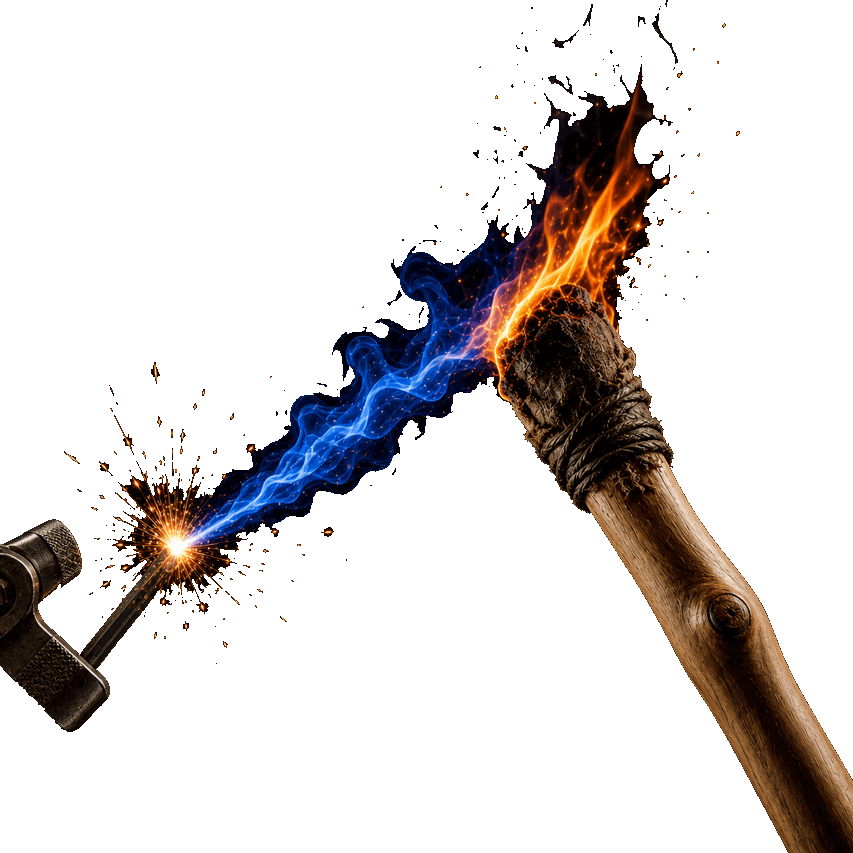 A wooden torch catching a controlled spark against a dark background