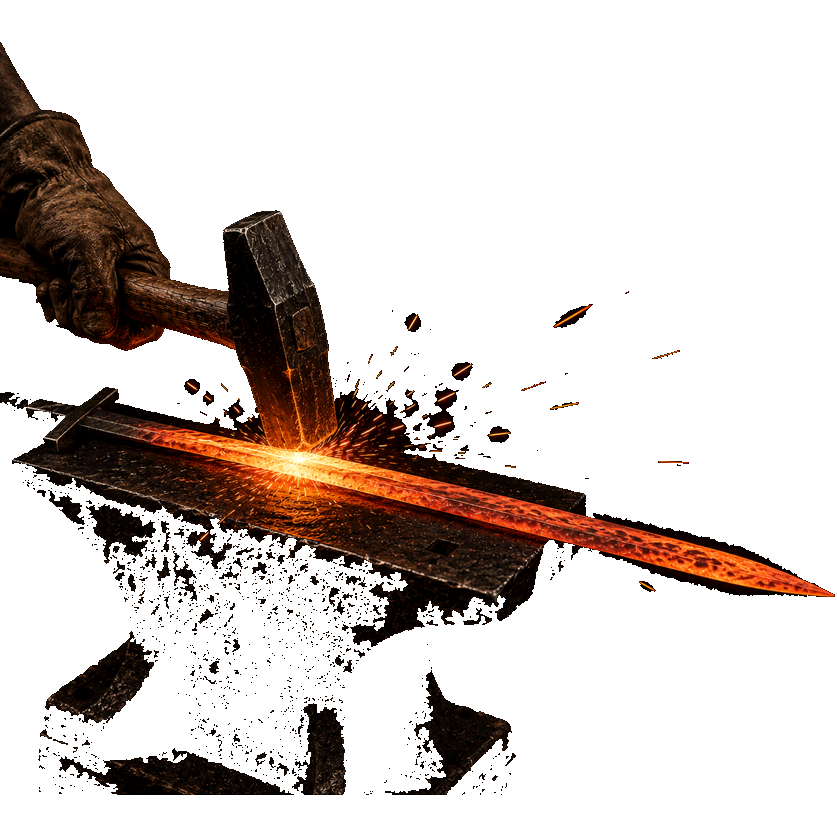 Sparks flying as a sword is forged against a dark background