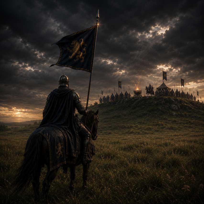 An emissary carrying support across a field beneath dark skies