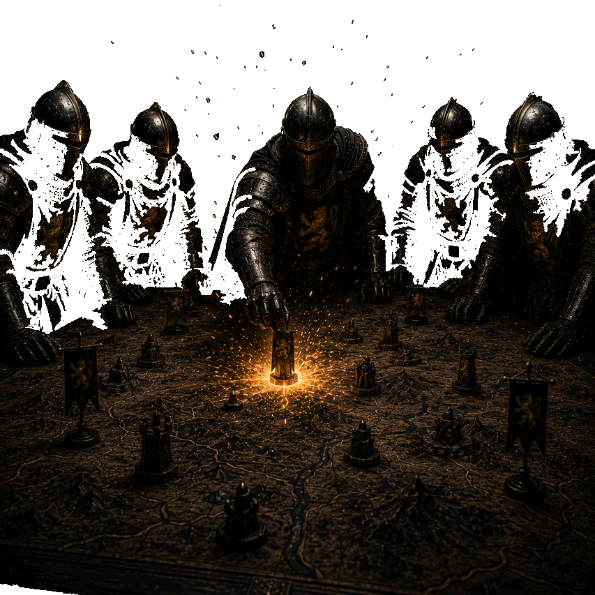 A symbolic systems image with sparks and structured coordination against a dark background