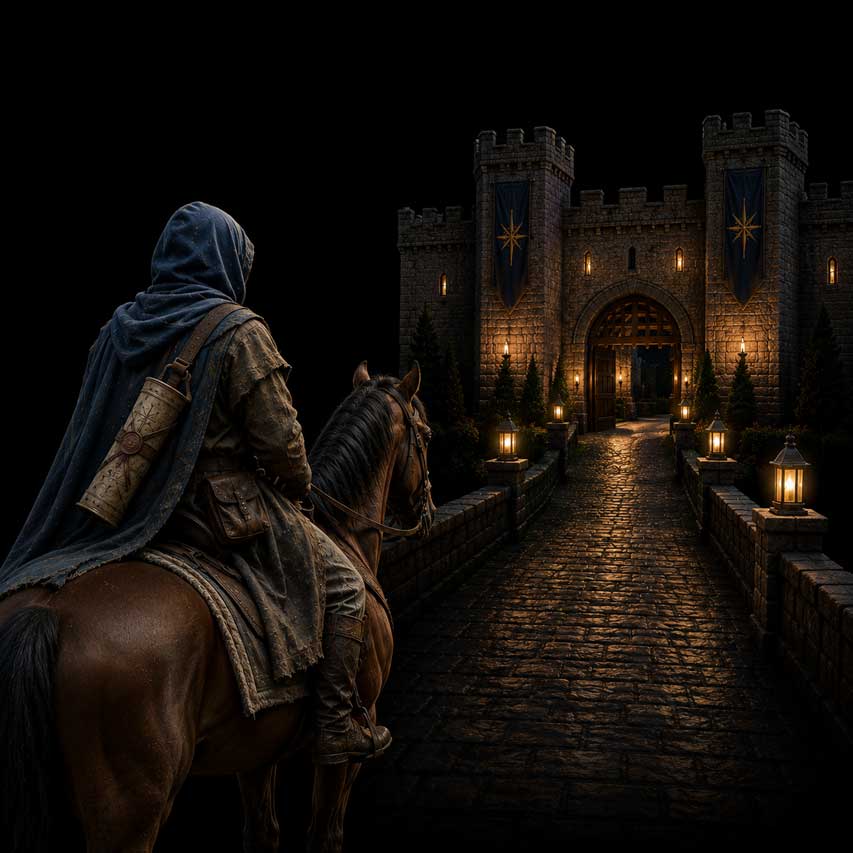A medieval messenger approaching a secure illuminated castle gate with sparks in the dark air