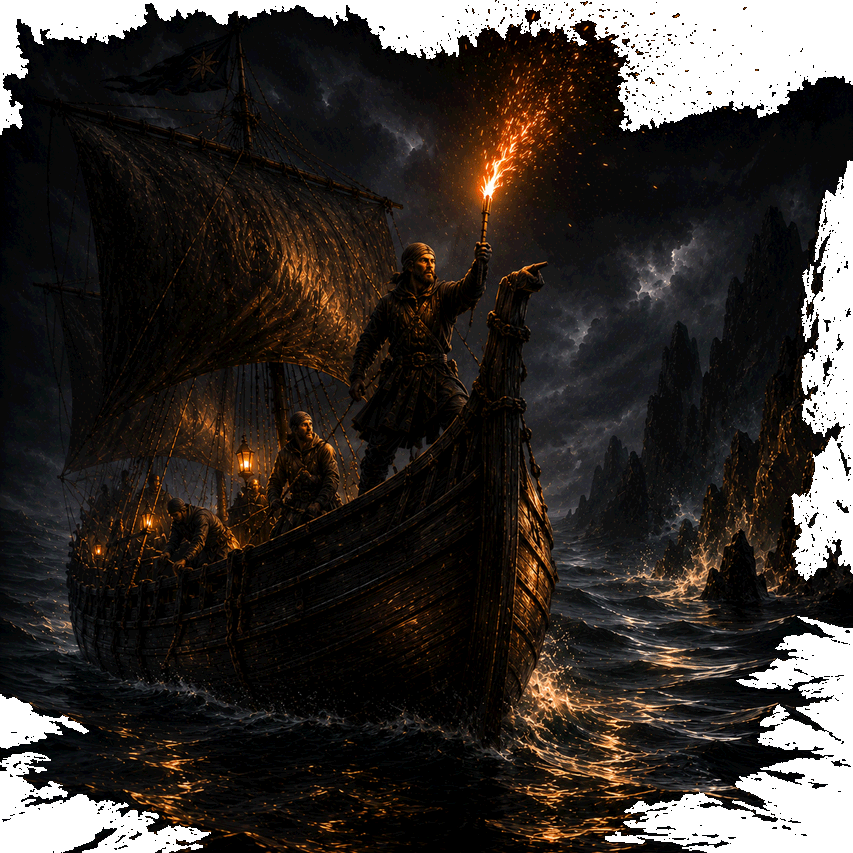 A medieval ship navigating dangerous waters by torchlight during a storm